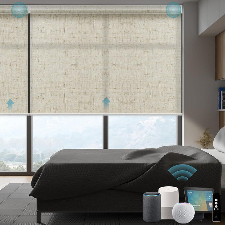 SmartWings Motorized Smart Blinds for Windows in Light Filtering, Electric Remote Roller Shades Compatible with Alexa Google Z-Wave Homekit Thread, Custom Up to 110”W x 148”H, Linen Translucent White - SMART HOME SHOP