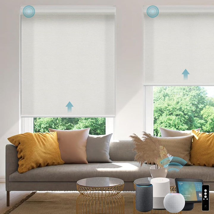 SmartWings Motorized Smart Blinds for Windows in Light Filtering, Electric Remote Roller Shades Compatible with Alexa Google Z-Wave Homekit Thread, Custom Up to 110”W x 148”H, Linen Translucent White - SMART HOME SHOP