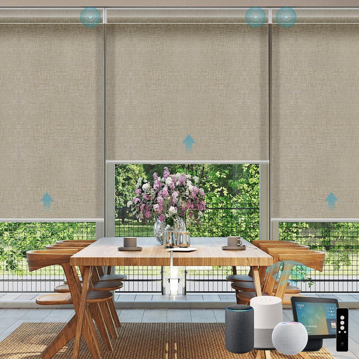 SmartWings Motorized Smart Blinds for Windows in Light Filtering, Electric Remote Roller Shades Compatible with Alexa Google Z-Wave Homekit Thread, Custom Up to 110”W x 148”H, Linen Translucent White - SMART HOME SHOP