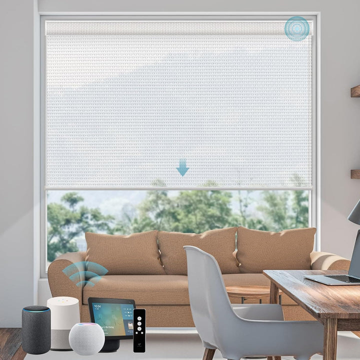 SmartWings Motorized Smart Blinds for Windows in Light Filtering, Electric Remote Roller Shades Compatible with Alexa Google Z-Wave Homekit Thread, Custom Up to 110”W x 148”H, Linen Translucent White - SMART HOME SHOP