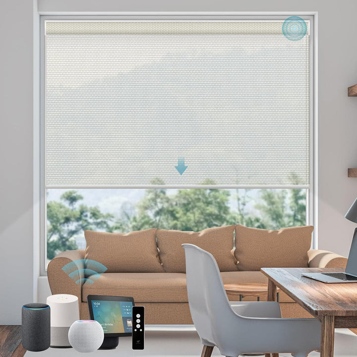 SmartWings Motorized Smart Blinds for Windows in Light Filtering, Electric Remote Roller Shades Compatible with Alexa Google Z-Wave Homekit Thread, Custom Up to 110”W x 148”H, Linen Translucent White - SMART HOME SHOP