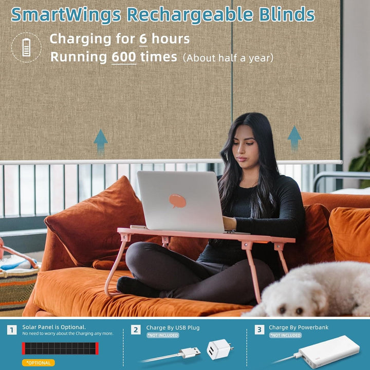 SmartWings Motorized Smart Blinds with Remote, Automatic Blackout Roller Shade work with Alexa Homekit Thread Google Z-wave, Electric Blind for Window, Custom Up to 110"W x 128"H,Bouvardia Light Brown - SMART HOME SHOP