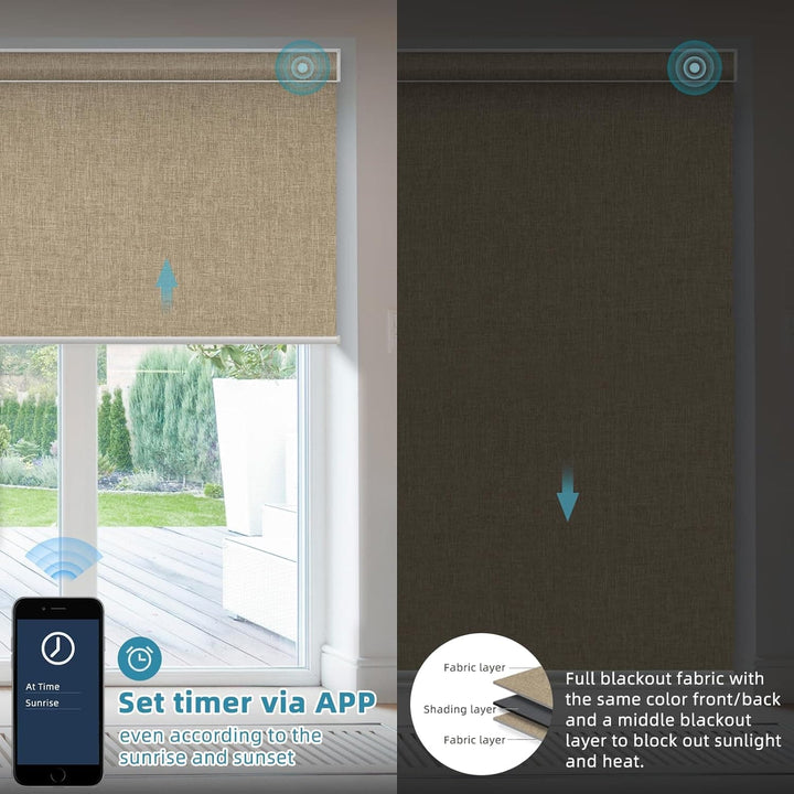 SmartWings Motorized Smart Blinds with Remote, Automatic Blackout Roller Shade work with Alexa Homekit Thread Google Z-wave, Electric Blind for Window, Custom Up to 110"W x 128"H,Bouvardia Light Brown - SMART HOME SHOP