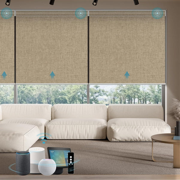 SmartWings Motorized Smart Blinds with Remote, Automatic Blackout Roller Shade work with Alexa Homekit Thread Google Z-wave, Electric Blind for Window, Custom Up to 110"W x 128"H,Bouvardia Light Brown - SMART HOME SHOP