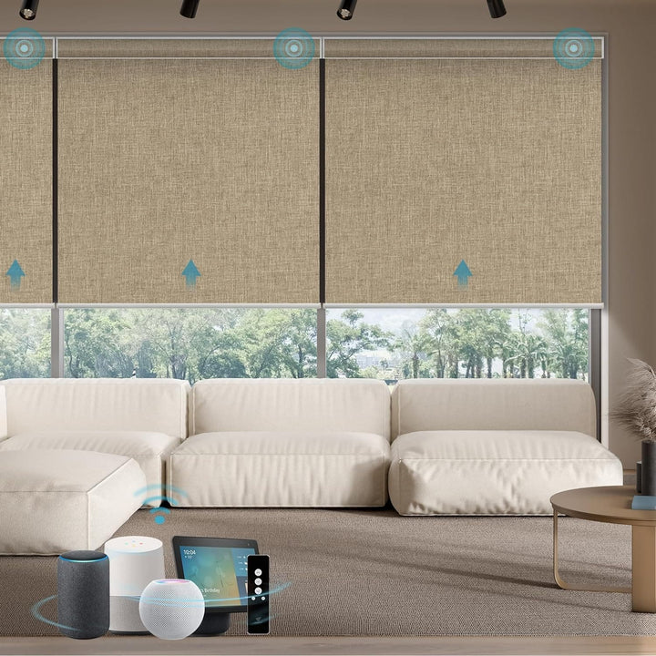 SmartWings Motorized Smart Blinds with Remote, Automatic Blackout Roller Shade work with Alexa Homekit Thread Google Z-wave, Electric Blind for Window, Custom Up to 110"W x 128"H,Bouvardia Light Brown - SMART HOME SHOP