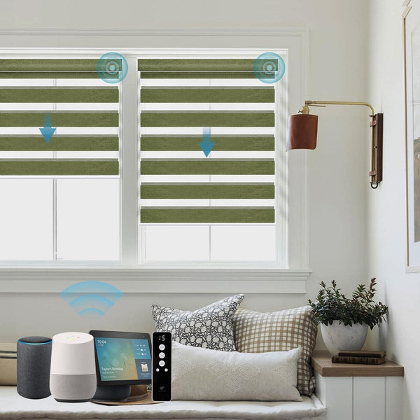SmartWings Motorized Zebra Shades Work with HomeKit, Alexa, Google Home, 60% Blackout Light Filtering Day Night Sheer Blinds, Privacy Light Control, for Home/Office, Customized, Olive Green - SMART HOME SHOP